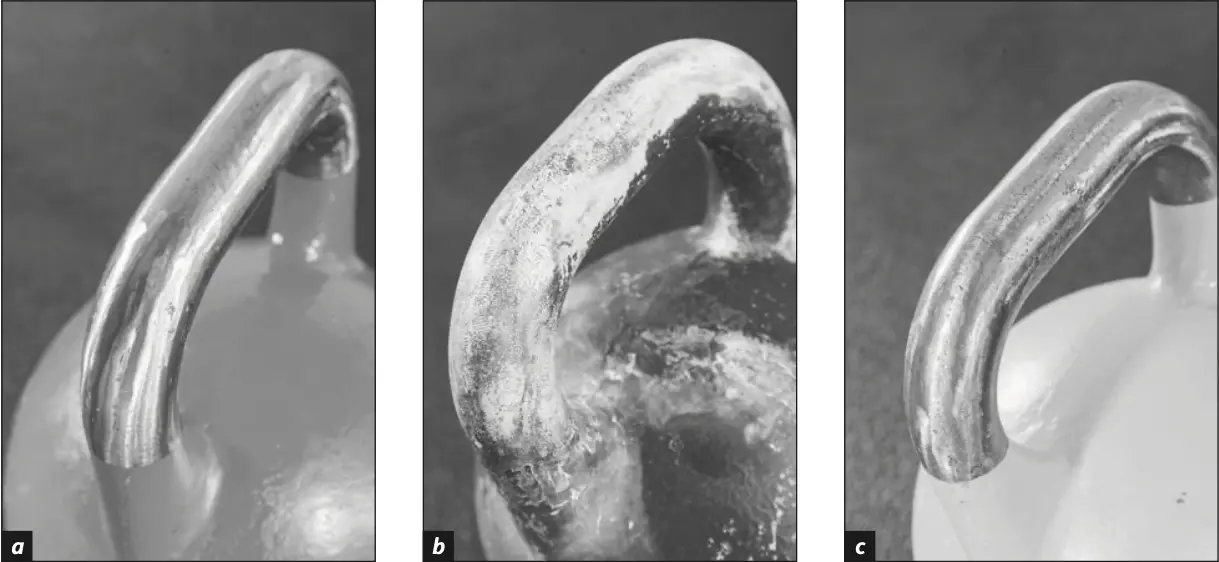 Figure 2.9 Kettlebell surfaces: (a) a too-smooth handle, (b) a too-rough handle, and (c) a well-prepared handle that is smooth with a bit of roughness.