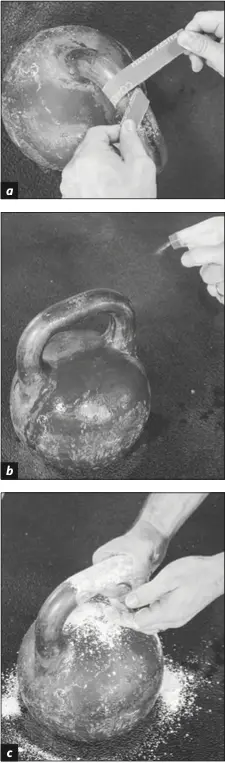 Figure 6.4 Applying chalk to the handle of a kettlebell: (a) sanding, (b) misting, and (c) massaging.